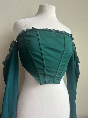 SHEIN Dark Teal Off-Shoulder Corset Crop Top with Ruffled Trim